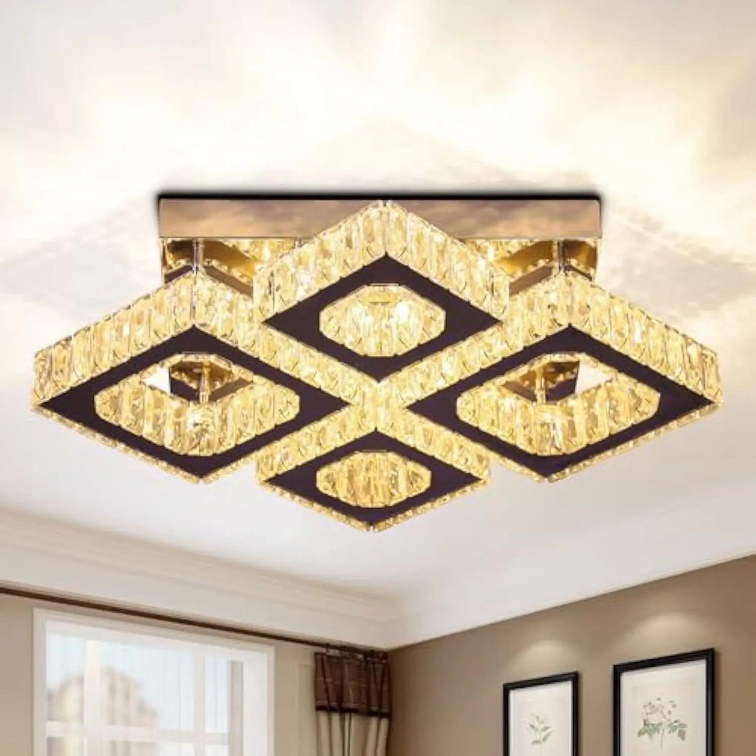 

22 Crystal Chandelier Square Flush Mount Ceiling Light Modern Led 4 Lights Crystal Chandelier for Dining Room Bedroom Kitchen (