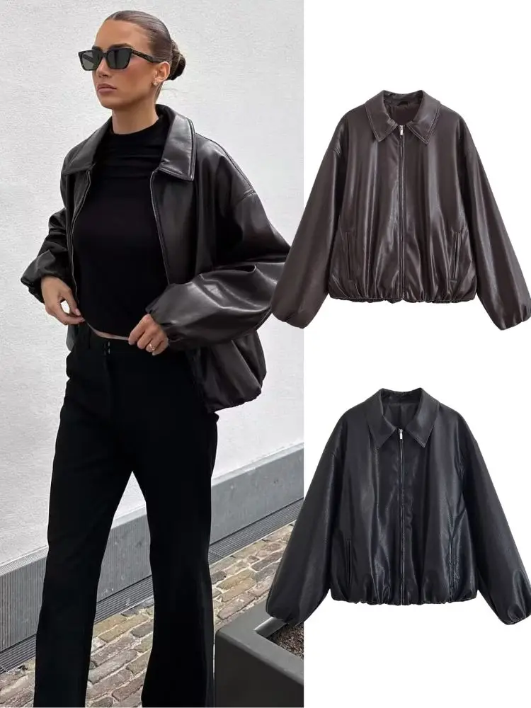 

HH Autumn Fashion PU Leather Pilot Jacket 2025 Long Sleeve Zipper Turn-Down Collar Female Winter Street Vintage Trench Coat