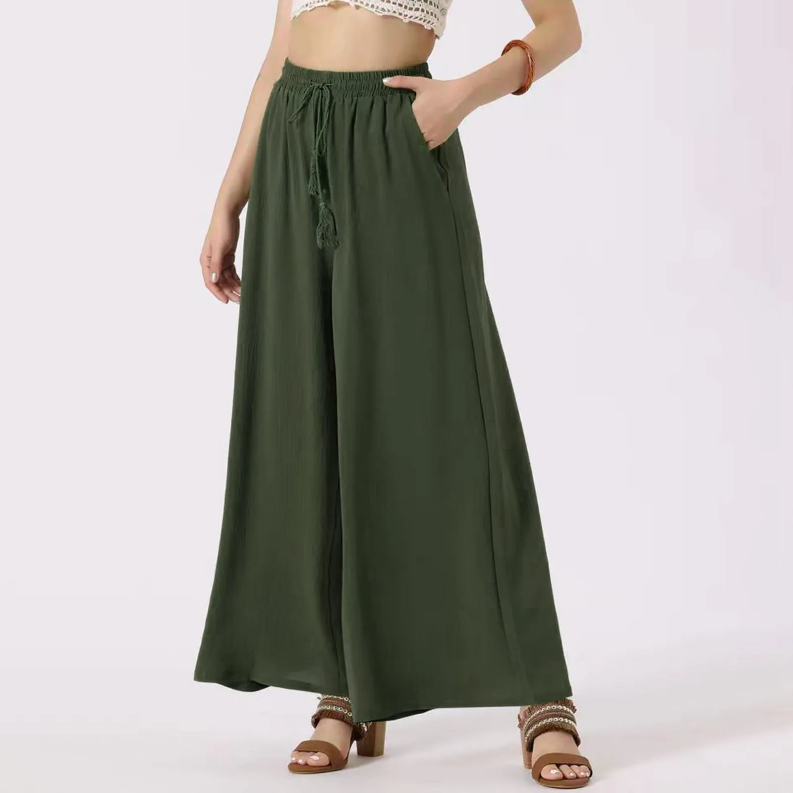 Women's Summer Vintage Loose Trouser Elastic High Waist Solid Drawstring Casual Pants Temperament Wide Leg Draped Long Pants