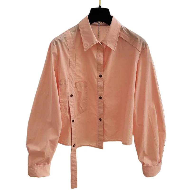 Camisa de manga larga con solapa francesa para mujer, blusa informal holgada, camisa corta con diseño de nicho, primavera 2024