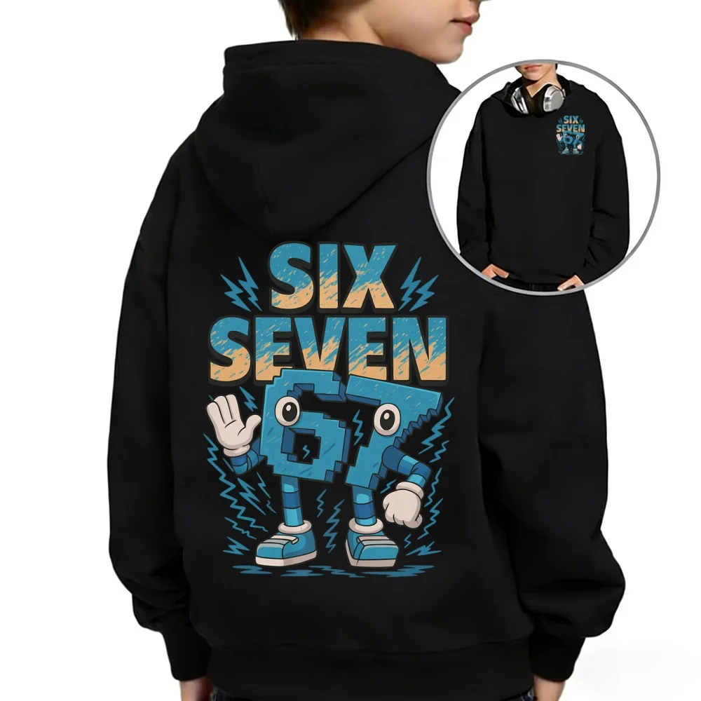 �Steal a Brainrot Six or Seven“-Kinder-Hoodie mit Aufdruck, langärmeliges, lässiges Cartoon-Oberteil, modische Streetwear, unisex. – Detail 2