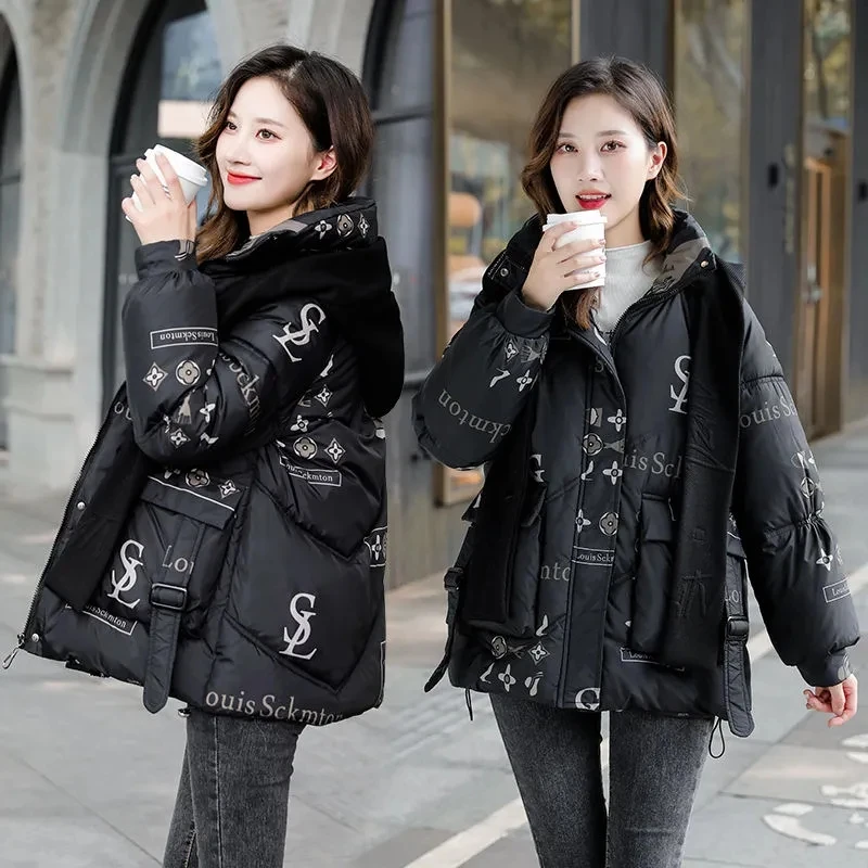 2023 Winter New Women\'s Down Cotton Coat Hooded Print Warm Korean Fashion puffer Loose Parka Thick jacket Female Student Outwear