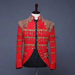 2023 Men's Luxury Fashion Military Blazer Jacket Vintage Palace Hanging Tassel Tuxedo Irregular Coat Singer Stage Cosplay Wear