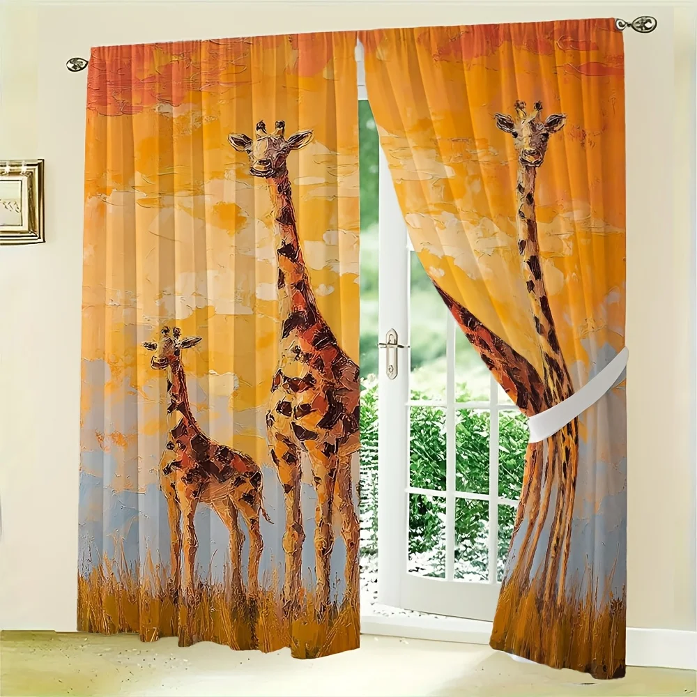 2pcs Giraffe Safari Animal Print Curtain Pair Tropical Sunset Savanna Pattern Drapes for Living Room Window Decor