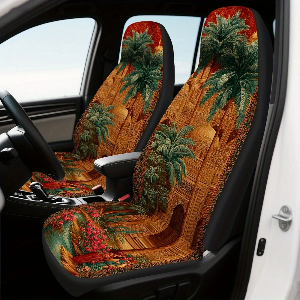 Set Of 2, Oriental Palace Oasis Scene Print Seat Covers For The Front, Comfortable And Foldable, Fits Universally For Both Drive