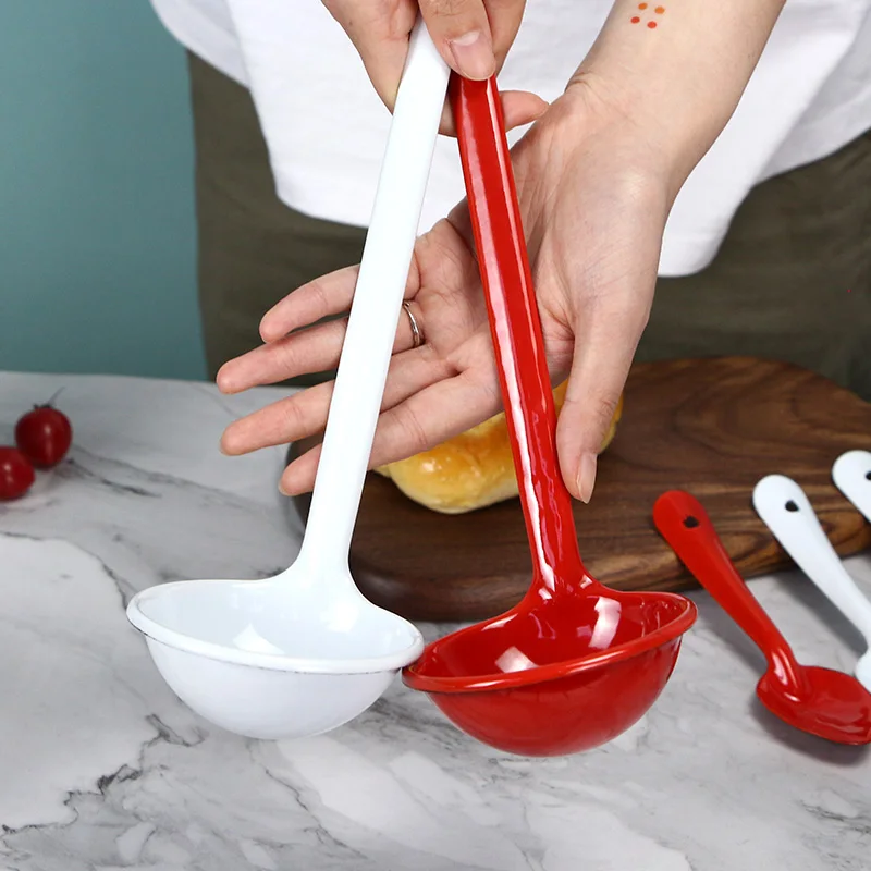 

L 30cm | Enamel Classic Long Handle White Red Spoon Long Handle Creative Household Large Solid Color Spoon Soup ladle
