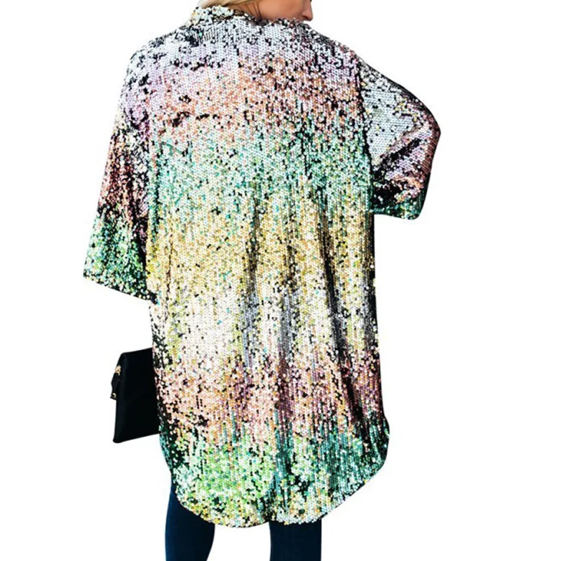 Bunte Pailletten Frauen Lange Stil Offene Knopfleiste Mantel Mit Futter Europäischen Mode Damen Lose Strickjacke Drei Viertel Ärmeln