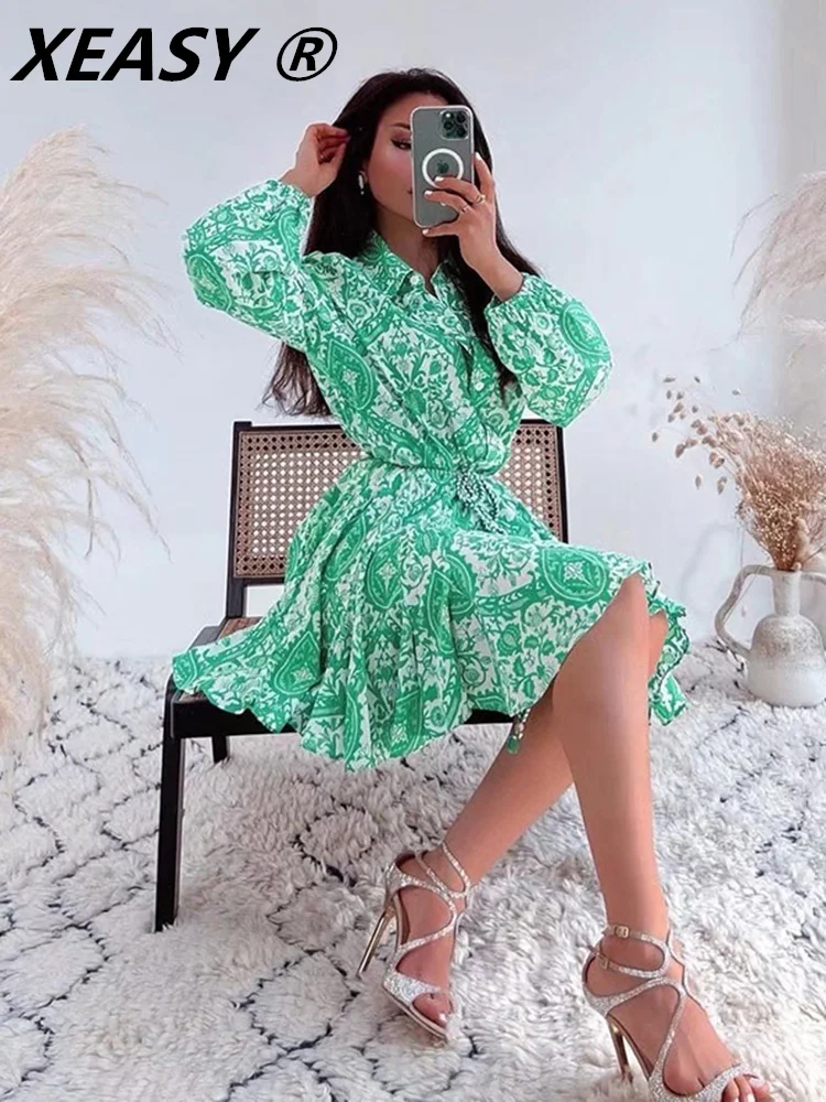 XEASY Floral Dresses For Women 2022 Vintage Dress Women Elegant Shirt Dress Women Casual Dress