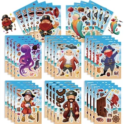 Pirate Captain Puzzle Stickers para crianças, brinquedos DIY Jigsaw, jogos educativos, make-a-face montar, presentes de festa para crianças, 8 folhas, 16 folhas