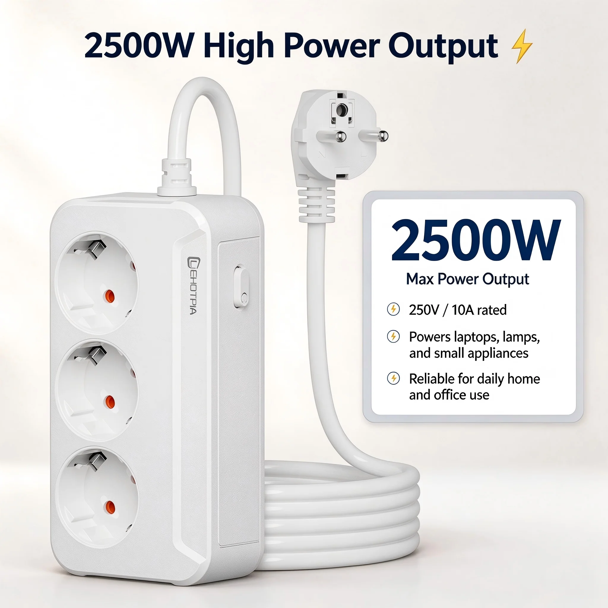 EU Power Strip with 3 Schuko Outlets Extension Cord And On-Off Switch Wall Mountable Overload Protection 2500W for Home Office