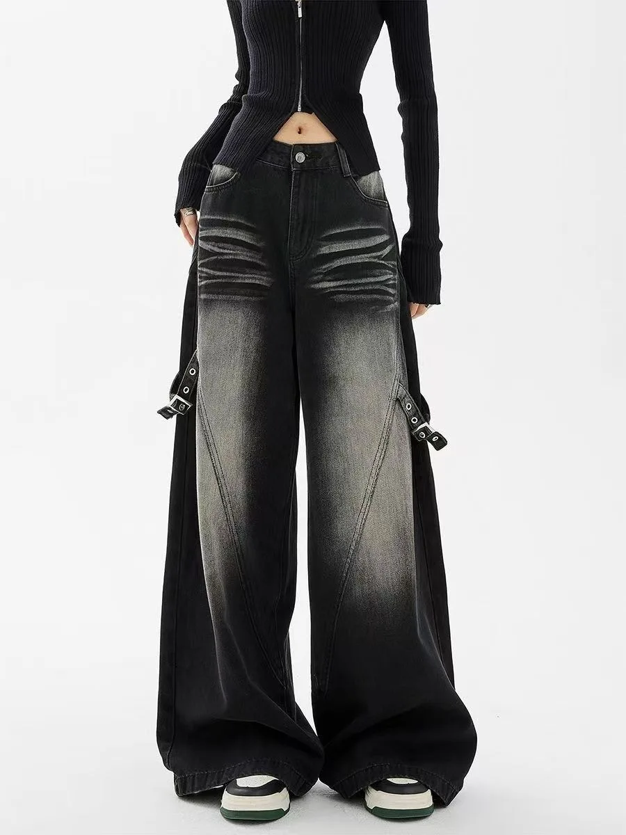 Vintage Black Washed Baggy Women's Jeans Streetwear Wide Leg Curved Blade Pants Cowboy Casual Denim Trousers Female Clothing