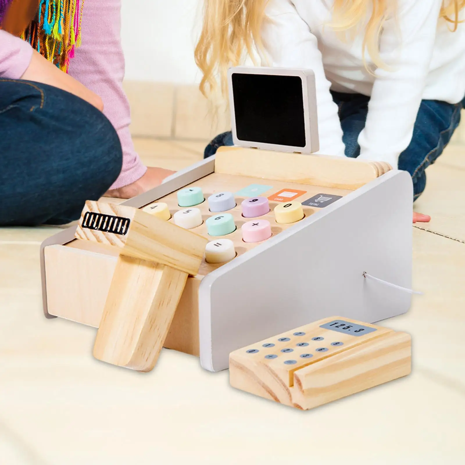 Juego de caja registradora de madera, calculadora divertida, juguete de caja registradora para niños pequeños