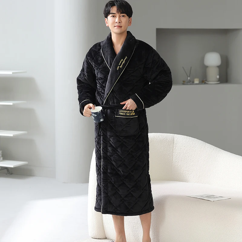New Winter Men Robe 3 Layer Clip Cotton Bathrobe Male Warm Kimono Bathrobe