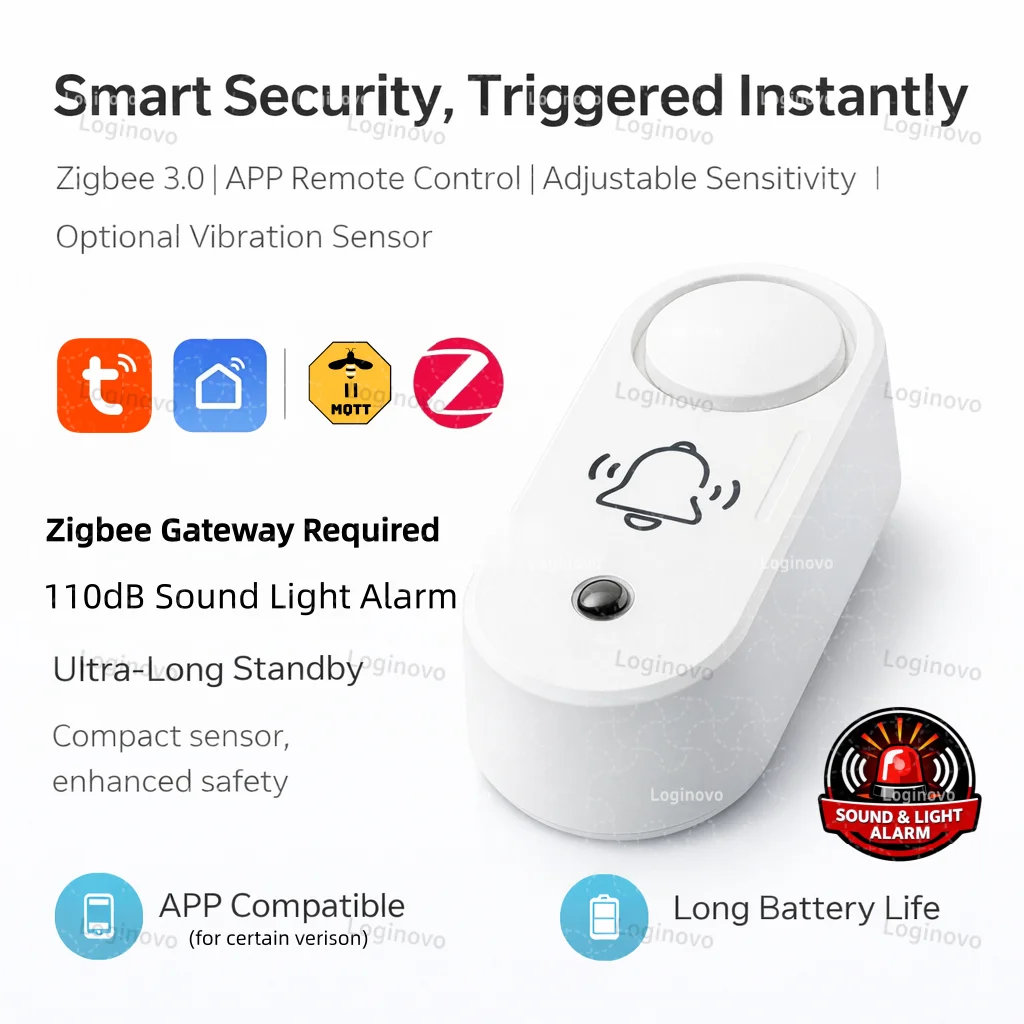 Zigbee Siren Alarm Vibration Sensor 110dB Loud Anti-Theft Alarm Dector TUYA Smart Life 2MQTT Home Security Alert Gateway Need