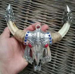 Wild Pig Teeth Embedded Alloy Ox Head Wild Boar Tooth Amulet Pendant