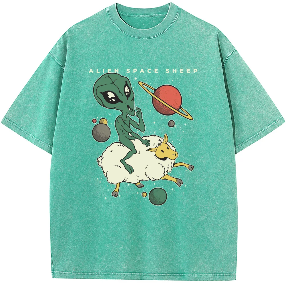 Alien Riding Sheep Space T-shirt Men Women Casual Fashion Oversized T-shirt 2023 Washed Old High Quality T-shirt