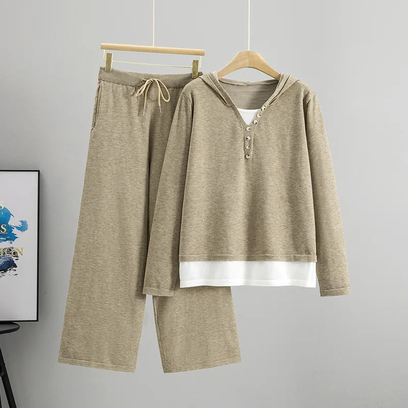 

Women Hooded Sweater Two Piece Set Muslim Knitted Pullover Wide Leg Pant Knit Outfits Suits Musulman Ensemble Autumn Winter 2025