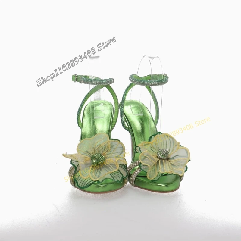 Green Color Mesh Flower Crystal Sandals Buckle Strap Metal Stilettos High Heel Women Shoes 2023 Fashion Sexy Zapatos Para Mujere