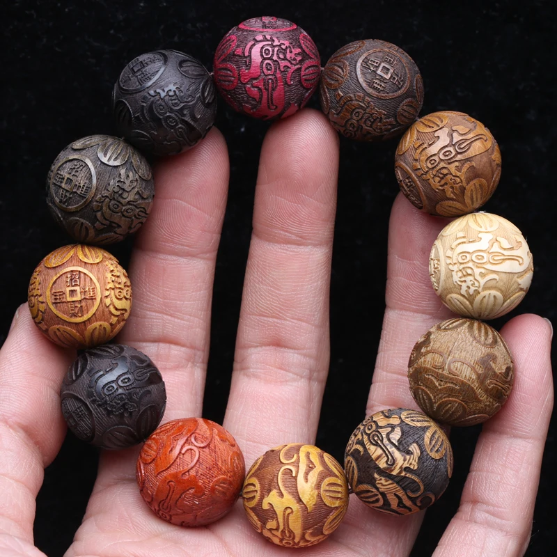 Natural Multicolor Wooden Bracelet Men\'s 20mm Elastic Bracelet Wooden Bead Lucky Sculpture Mythical Animal