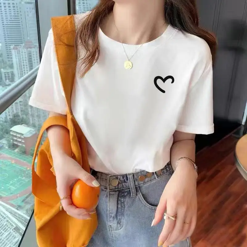 

Short sleeved t-shirt for women with round neck print, 2024 summer new pure cotton versatile oversized chubby mm loose top