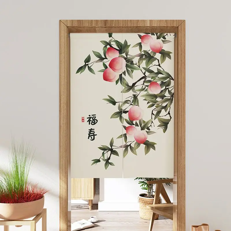 New Chinese Style Fushou Shoutao Fabric Half Curtain Split Partition No Punching for Home Decor Door Curtain Home Decoration