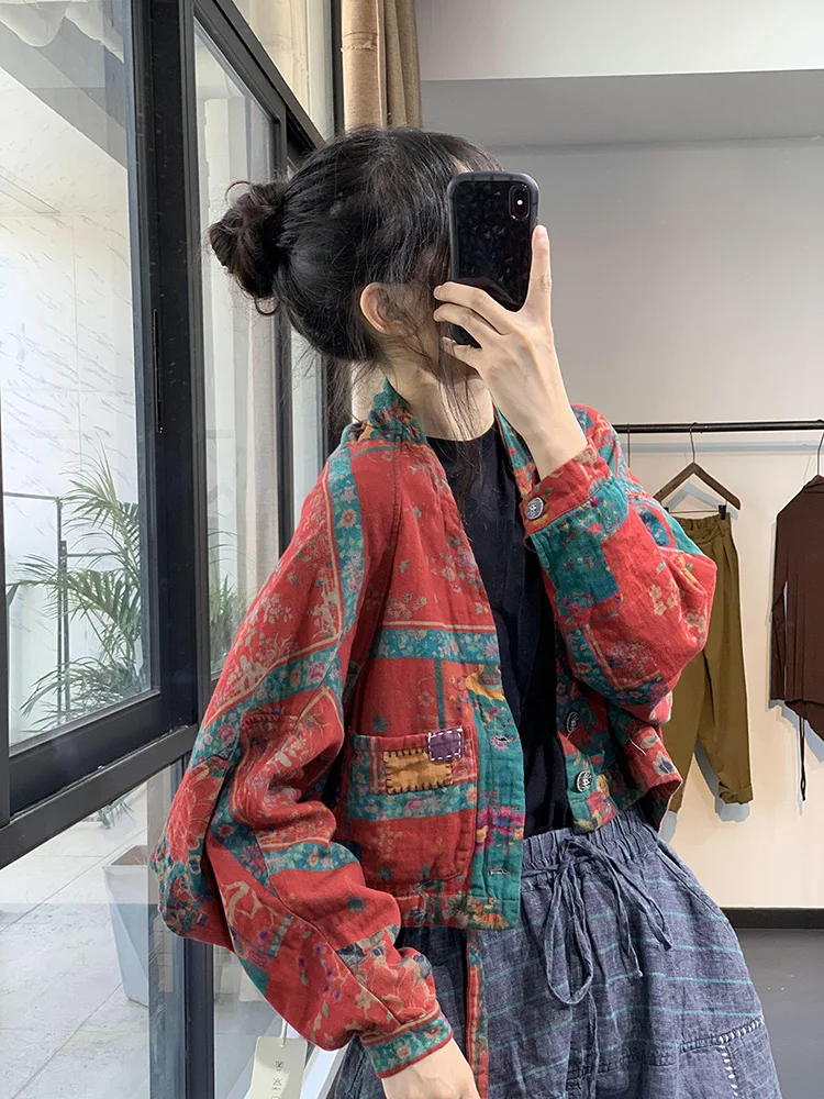

Осень-зима Thiened Cotton Jaet Hanfu Sle Женская ор Верхняя одежда Batwing Sve V-Ne на пуговицах с цветочным принтом
