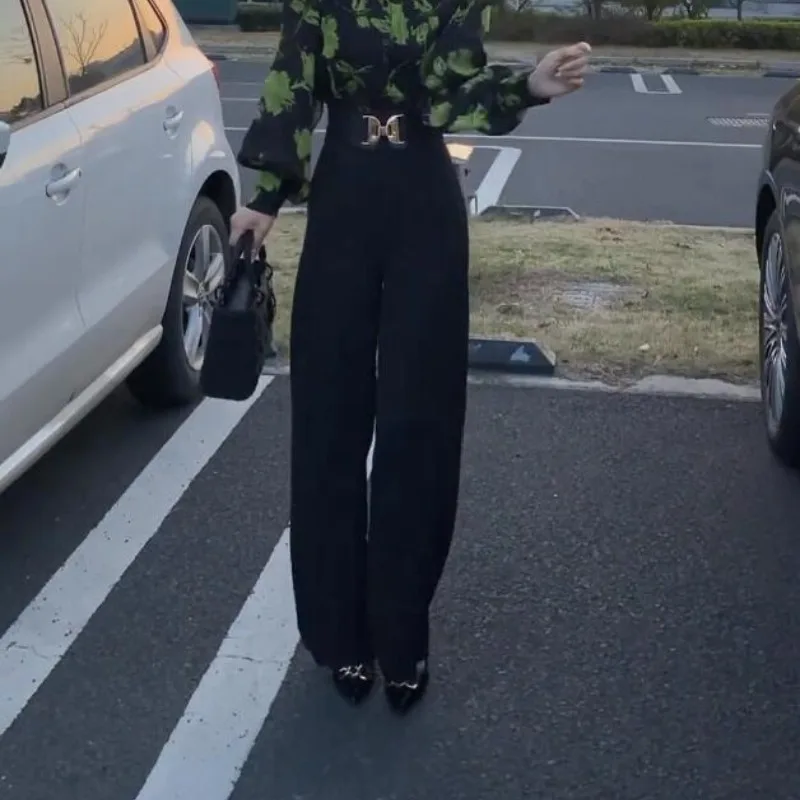 Spring and Autumn Women's Solid Colors High Waist Loose Wide Leg Pants Fashion Button Commuter Korean All-match Trousers