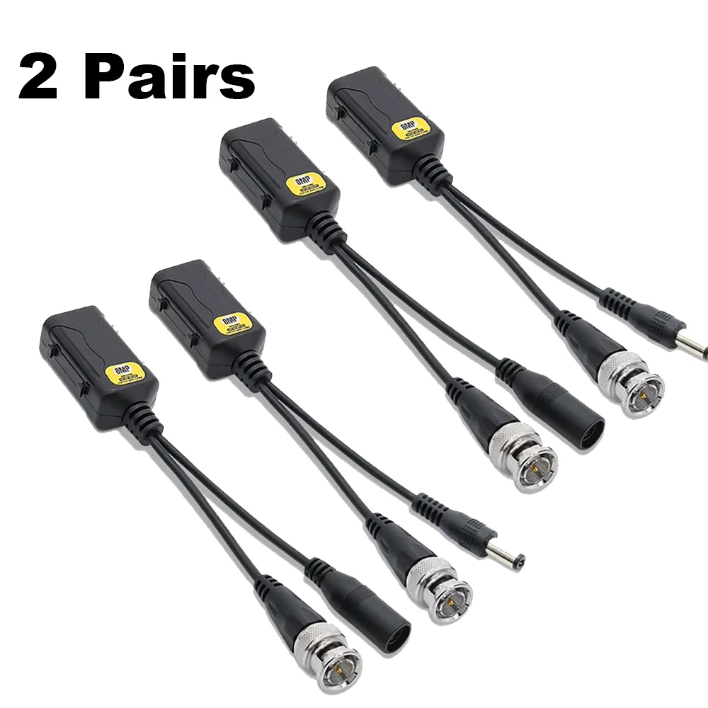 Balun HD Cat5 RJ45 a BNC Video Baluns transceptor pasivo con conector de alimentación para cámara HD-CVI/TVI/AHD/CVBS de 5MP y 8MP (2 pares)