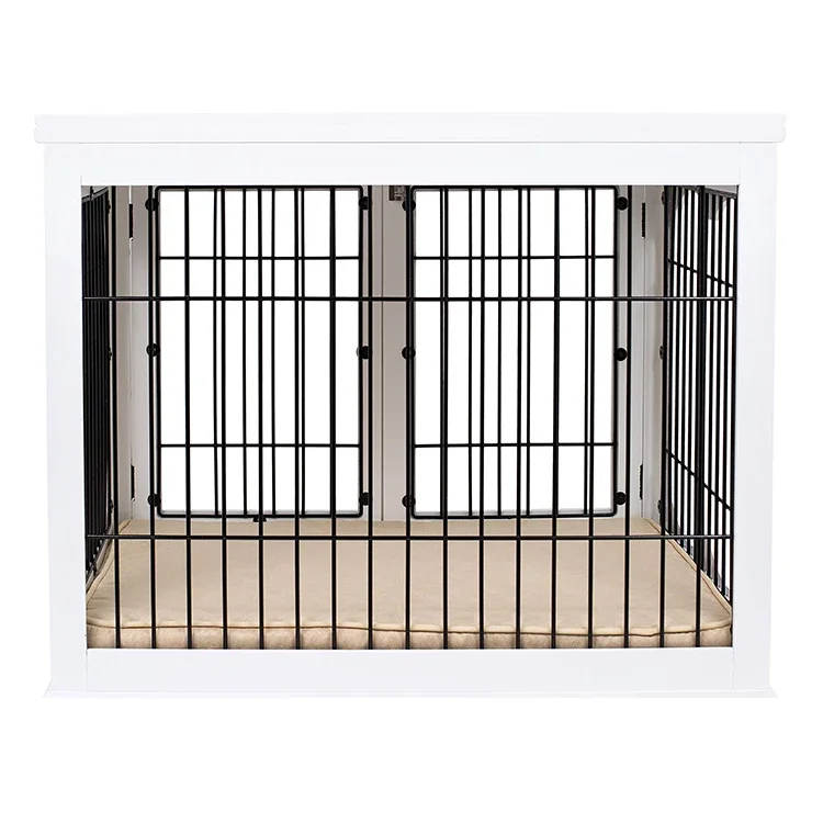 Furniture Dog Crate Furniture Double Door Wooden Wire Dog House Best Decorative Dog Kennel With Pet Bed