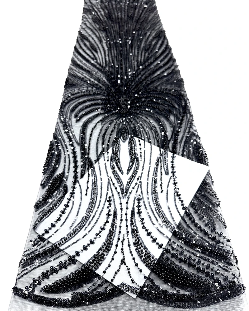 

African Beaded Groom High Quality French Mesh Lace Fabric with Sequins for Wedding Dress Sewing Nigerian Lace Fabrics