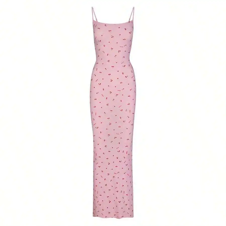 

Soft Modal Long Slip Dress With Cherry Print Floor Length Lounge Gown