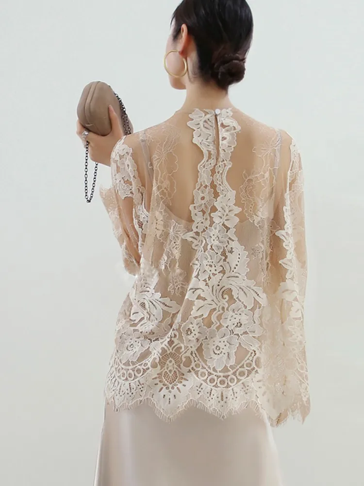 

VB Long Sve Lace Blouse Women's Hollow out Base irt Sexy Inner Wear Cotton Blend Fabric round Ne Loose Fit Commute Sle