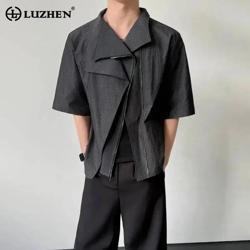 LUZHEN Short Layer 2026 Double Summer Stand Neck Patchwork Design Sleeve Shirt Men's Solid Color High Quality Zipper Tops JY8060