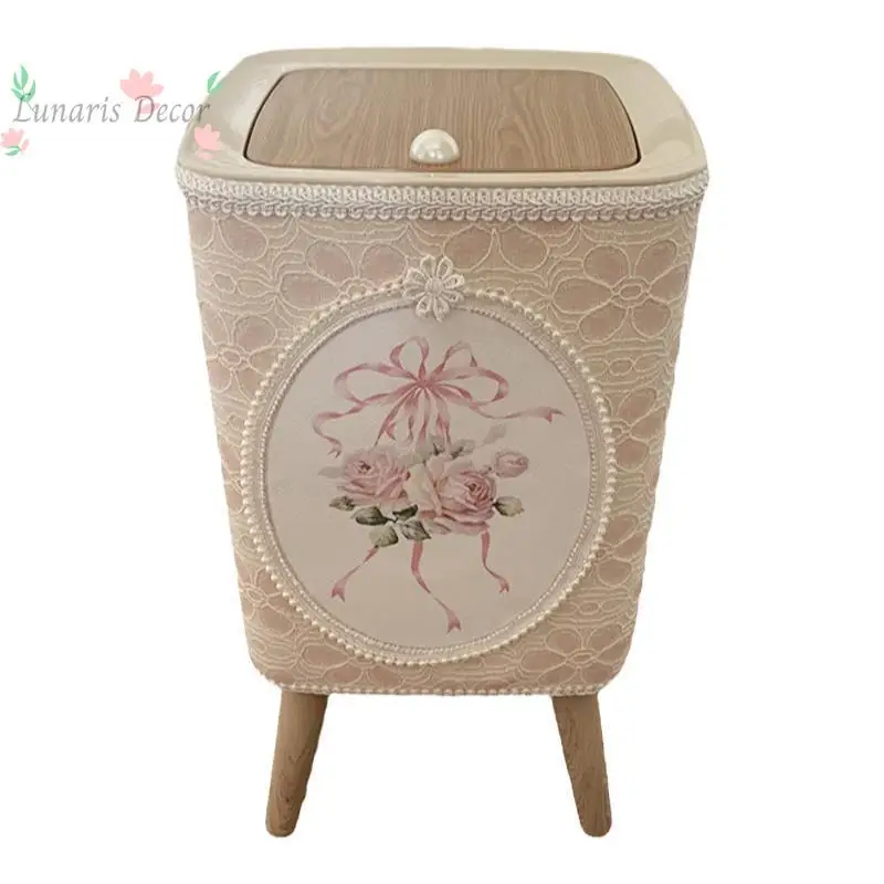 Lace square trash bin, press-type lidded storage bin, high-legged floor-standing waste basket miscellaneous storage box