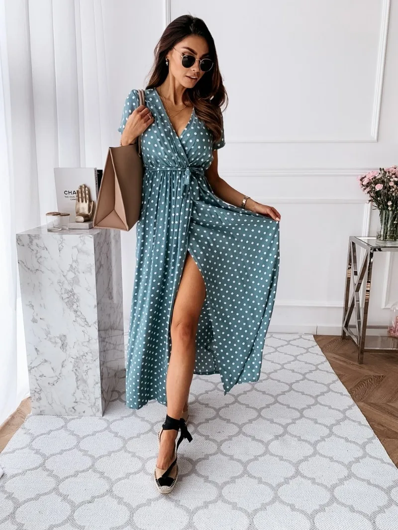 Women's Summer S-3XL Short Sleeved V-neck Bohemian Polka Dot Print Dress Long Skirt Print Casual Split Beach Maxi Sundress