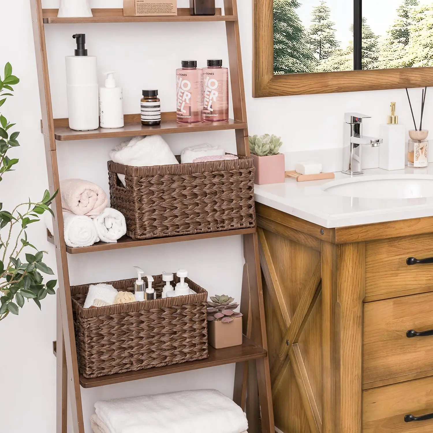 Waterproof Woven Storage Baskets, 2-Pack Brown Rectangular Organizers for Shelves and Pantry