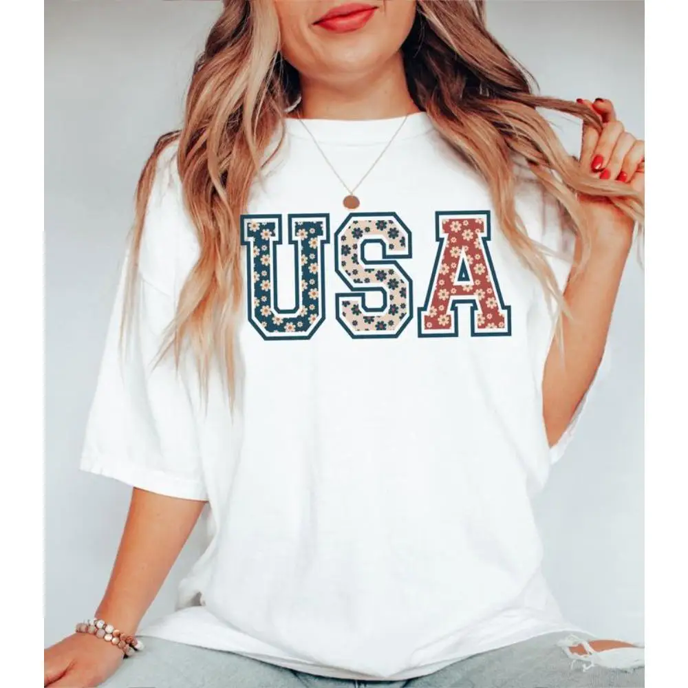 

Casual Vintage Floral USA Print T-Shirt for Women, Summer Holiday Loose Fit Top, Patriotic Theme Graphic Tee