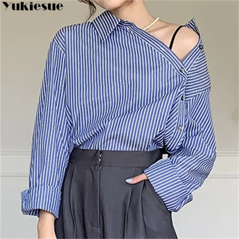 

Осень 2023, женские полосатые асимметричные уличные рубашки с принтом, модные сексуальные свободные блузки с открытыми плечами в корейском стиле с длинными рукавами, топ