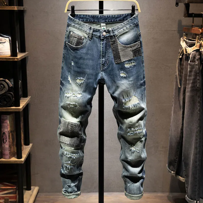 

Street Designer Fashion Men Jeans Retro Washed Blue Stretch Slim Fit Patched Ripped Jeans Men Y2K Hip Hop Vintage Denim Pants