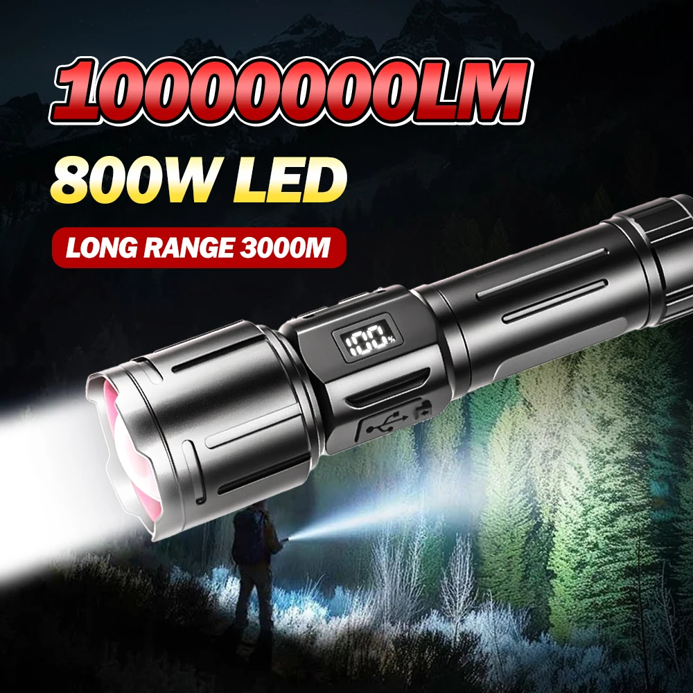 10000000LM Ultra Powerful LED Flashlight 3km Long Range Zoom Flashlight Tactical Lantern Outdoor Camping Lantern