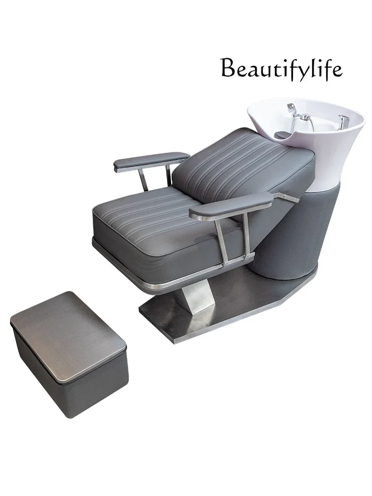 Lying Half Flushing Bed with Water Heater Integrated Shampoo Chair Barber Shop Stainless Steel Ceramic Basin