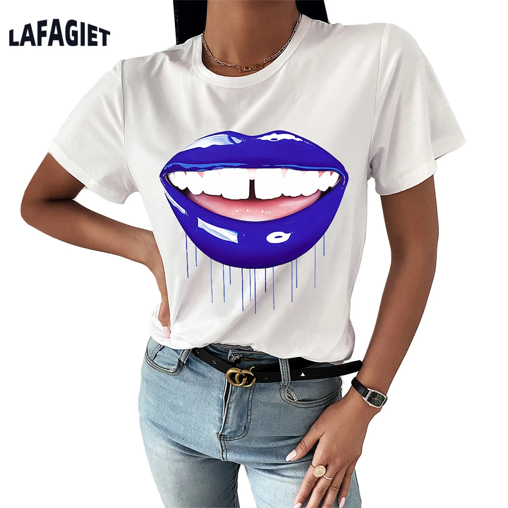 Vrouw Lippen Print T-shirt Harajuku Zomer Tshirts Casual Vrouwelijke Ronde Hals Korte Mouwen Top T-shirt Fashion Nieuwe Dames tops