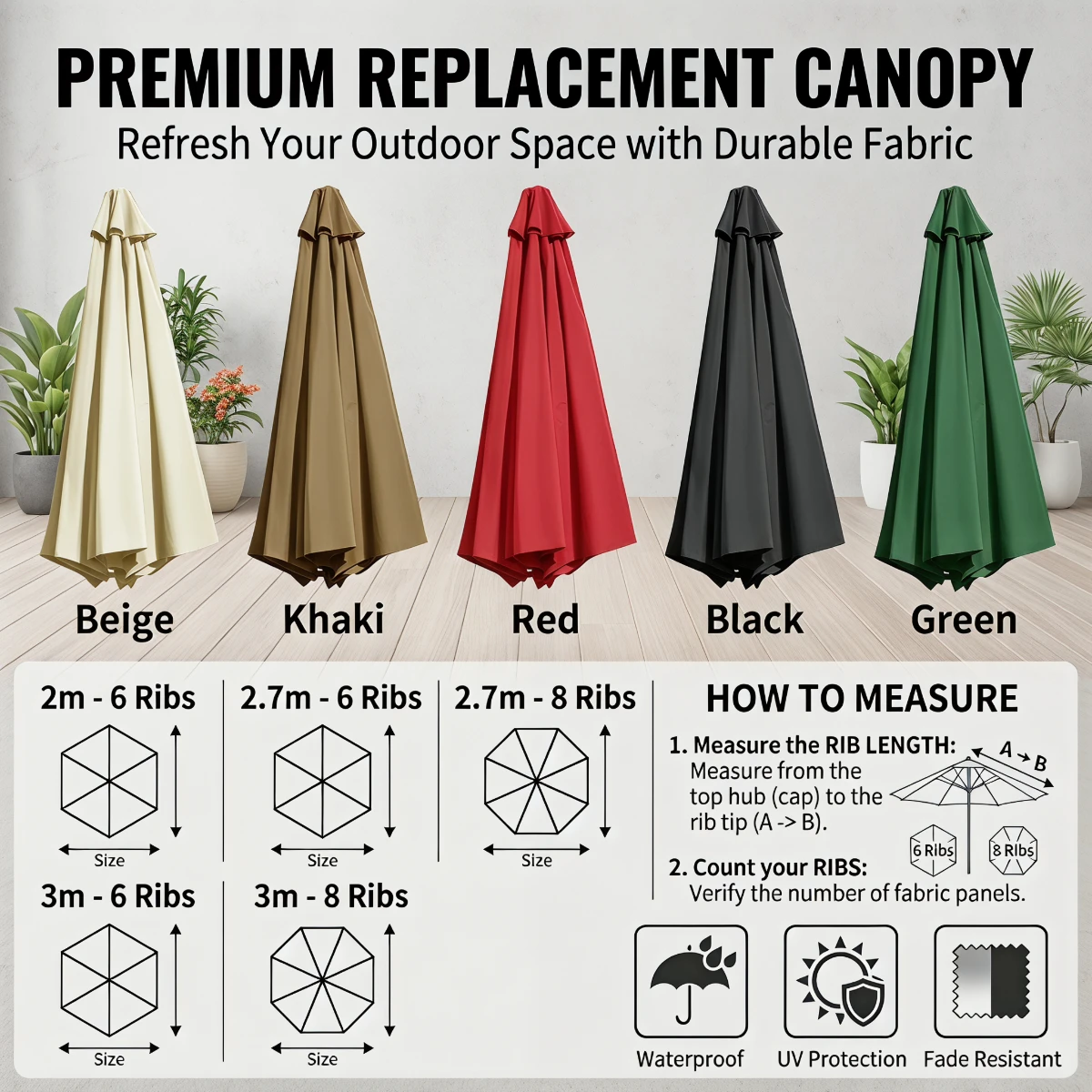 Terrace Umbrella Canopy Replacement Parts Outdoor Garden Parasol Canopy for Courtyard Swimming Pool Market Tables and Chairs