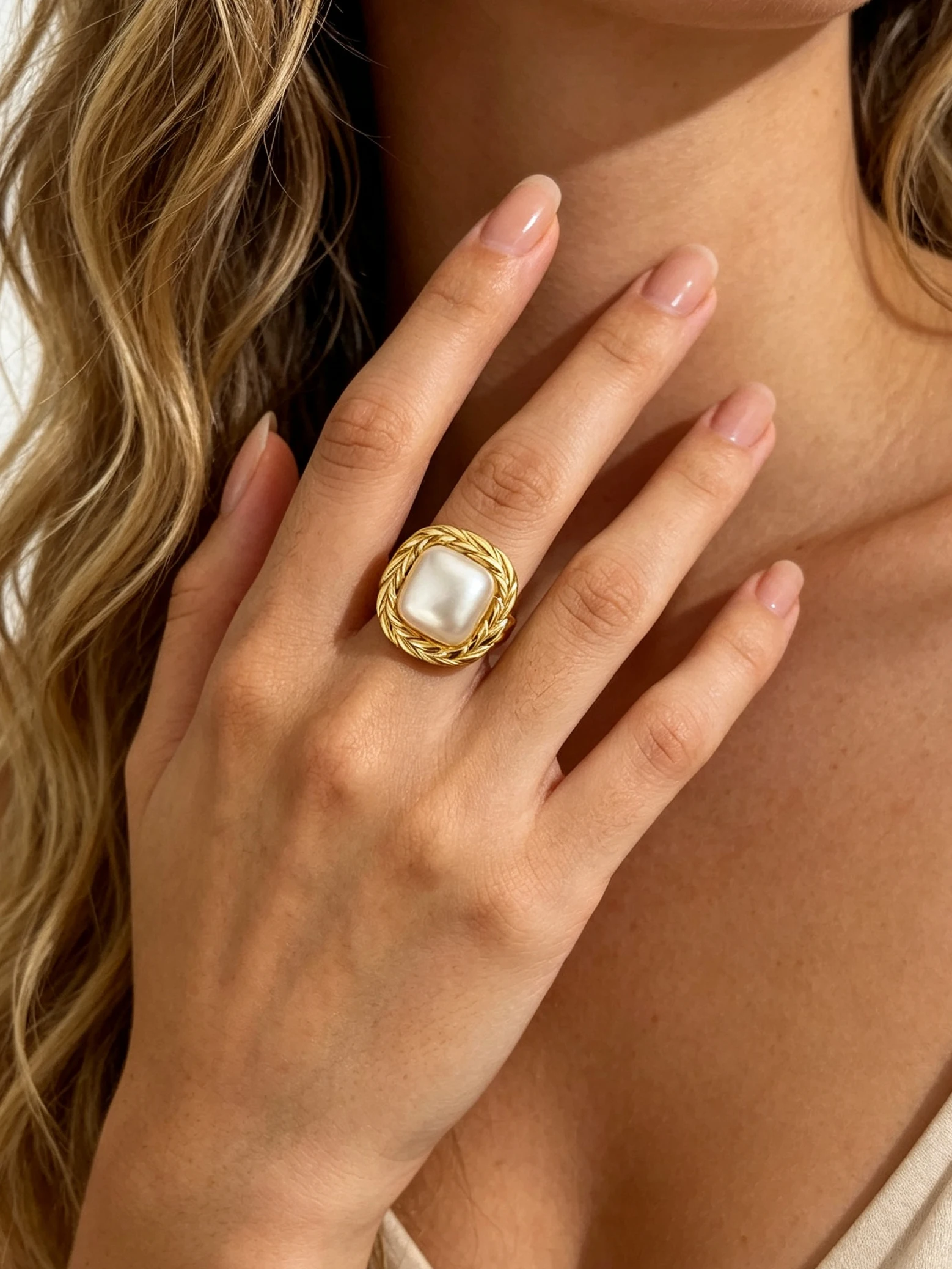 Peri'sbox Stainless Steel Square Imitation Pearl Ring 18K Gold Plated Fried Dough Twists Frame Waterproof Women Fashion Jewelry