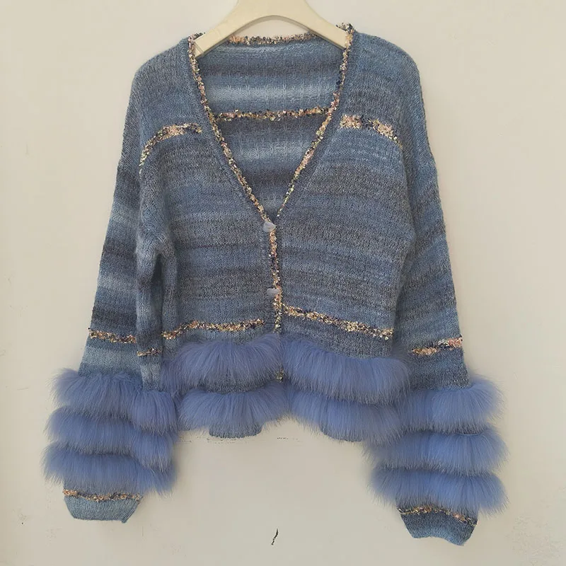 

2025 женский новый короткий кардиган с отделкой из натурального лисьего меха, модный свитер в полоску с длинными рукавами, кардиганы с пуговицами