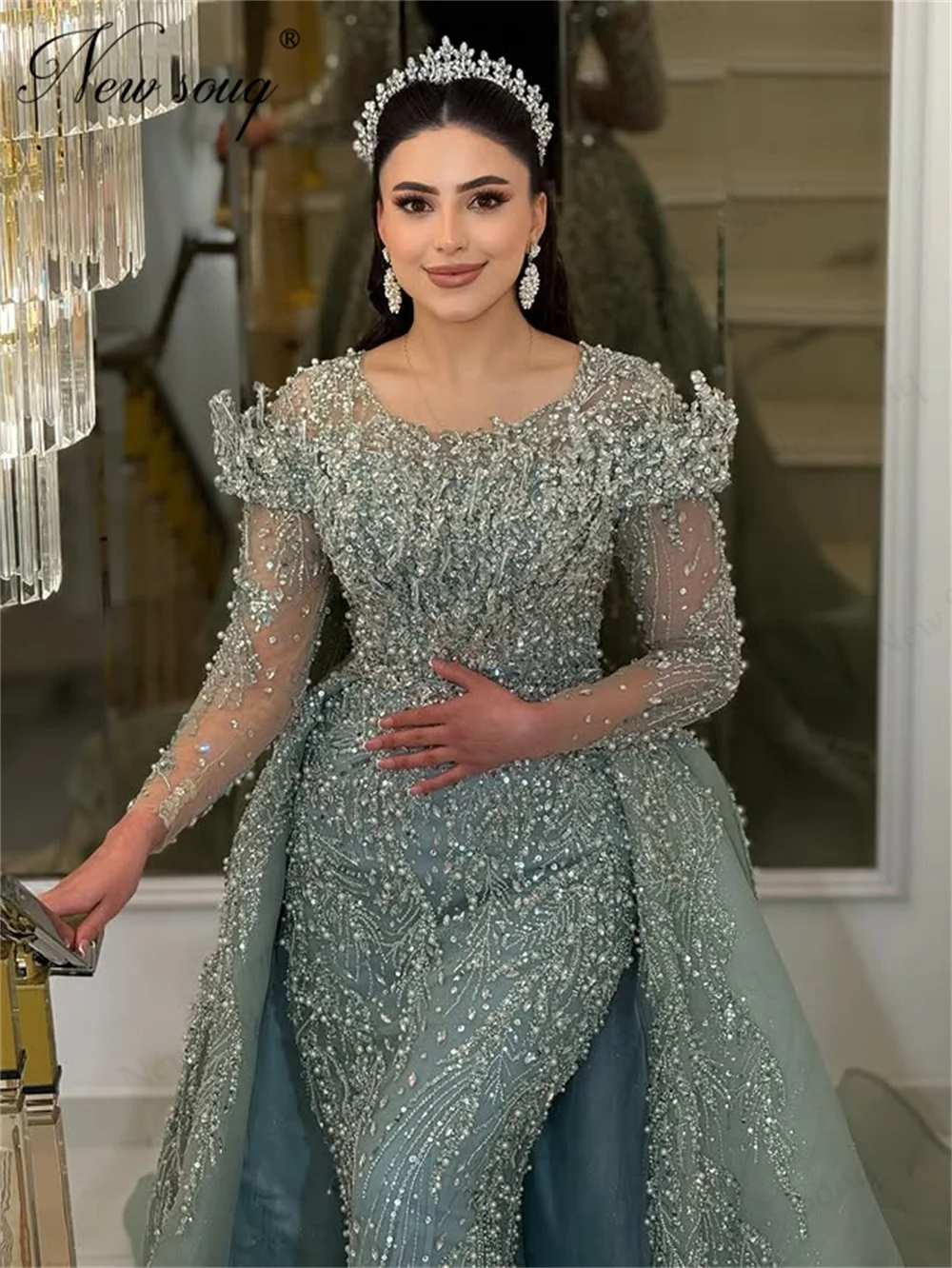 

Muslim Sage Green Cocktail Dresses With Overskirt Robes De Soiree Beaded Diamonds Wedding Party Gowns Customized Evening Dresses