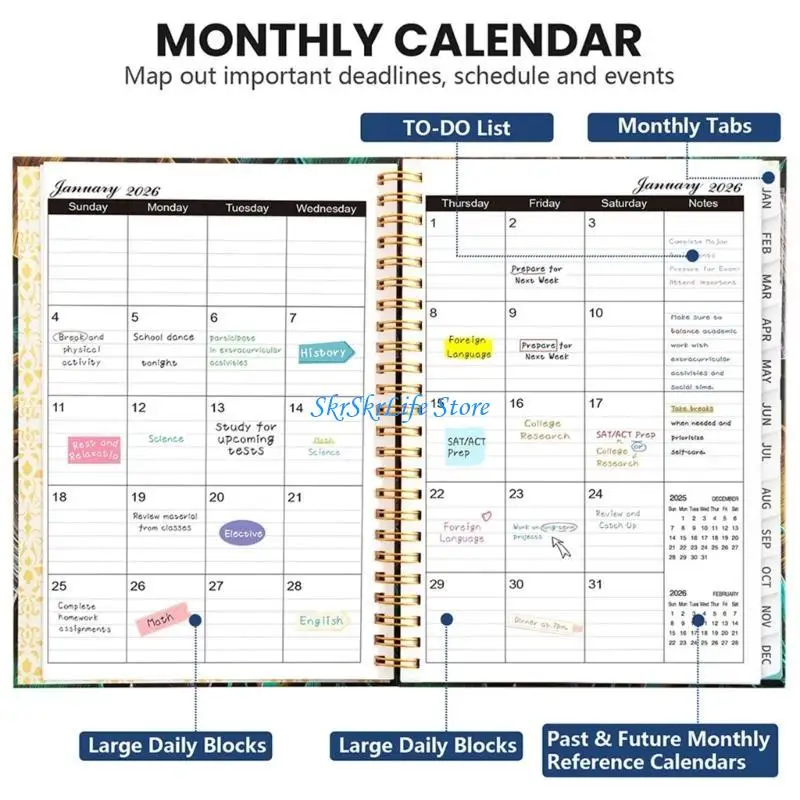 E65E 2026 Flower Monthly Planner Notebook Twin Coil Binding Weekly Journal 6.5x8.5In