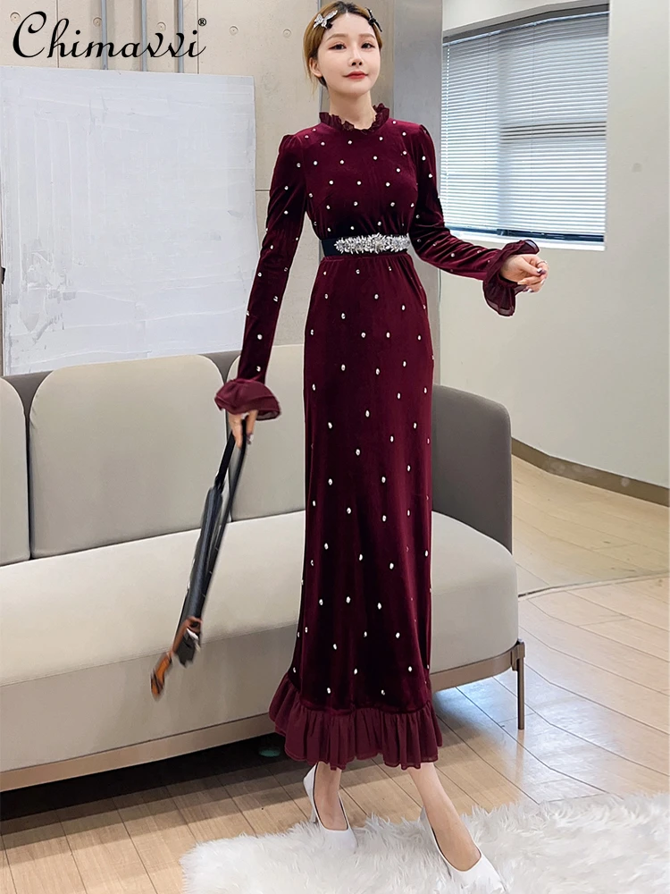 

Fashion Ruffles Elegant Slim Fit Sheath Dress 2024 Spring and Autumn New Velvet Long Sleeves Women's Full-Length Dresses