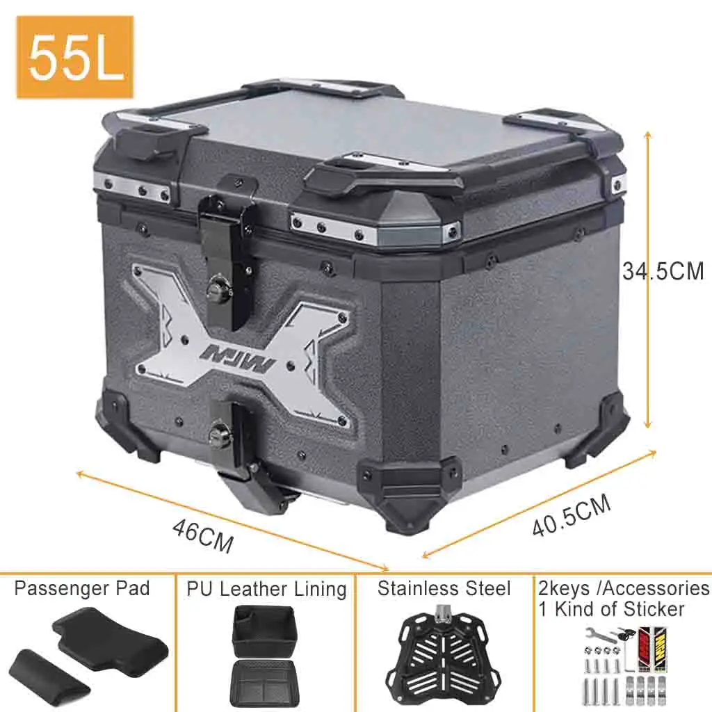 Aluminum 55L Motorcycle Trunk Rear Luggage Box Top Case Tool Storage Topcase Toolbox Tail Travel Topbox Waterproof Universal