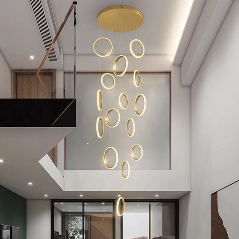 LED Staircase Chandeliers Ring Pendant Lamp Long Adjustable Hanging Cables Gold/Black for Home Dining room Living room Fixtures